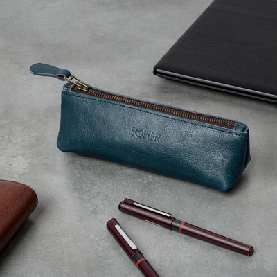 Leather pencil case Solier SA51 navy