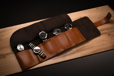 Personalised leather watch case Solier SA45 camel