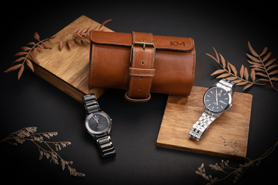 Personalised leather watch case Solier SA45 camel