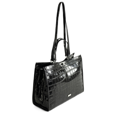 Genuine leather woman's laptop bag FL25 black with snake pattern
