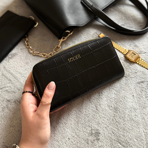 Duży skórzany portfel damski Solier SW52 czarny