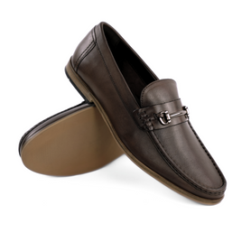 Skórzane eleganckie mokasyny loafersy męskie z klamrą - brązowy