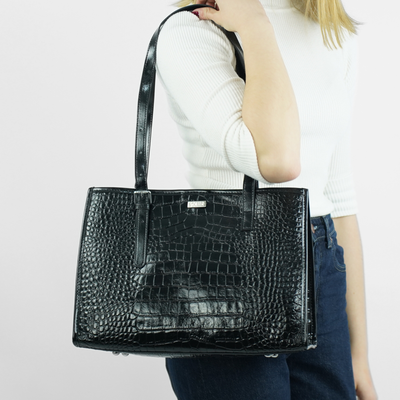 Genuine leather woman's laptop bag FL25 black with snake pattern