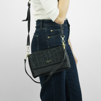 Genuine leather woman's laptop bag FL25 black with snake pattern