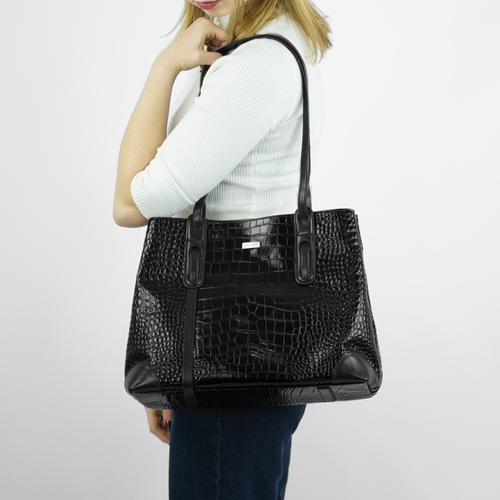 Genuine leather woman's laptop bag FL25 black with snake pattern