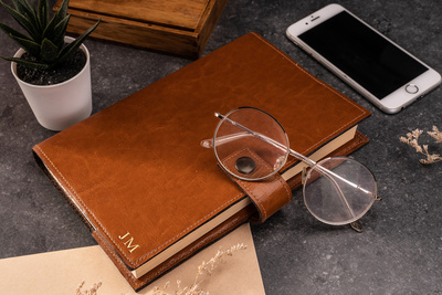 Personalised leather cover for notebook calendar Solier SA41 camel