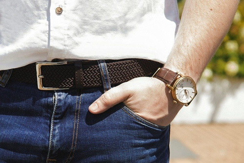 Elegant, woven belt for man SOLIER SB07 black-and-purple