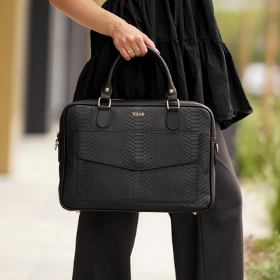 Genuine leather woman's laptop bag FL25 black with snake pattern