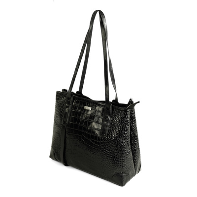 Genuine leather woman's laptop bag FL25 black with snake pattern