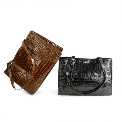 Genuine leather woman's laptop bag FL25 black with snake pattern