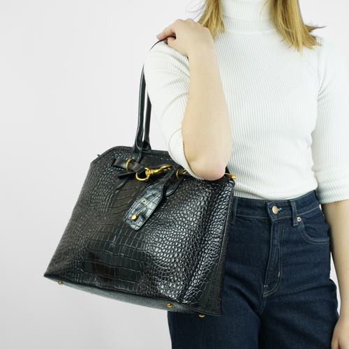 Genuine leather woman's laptop bag FL25 black with snake pattern