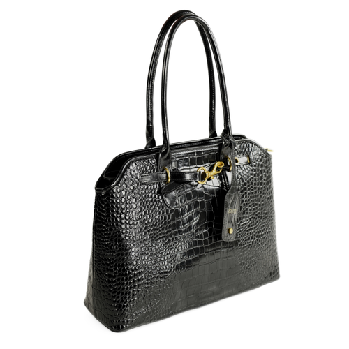 Genuine leather woman's laptop bag FL25 black with snake pattern