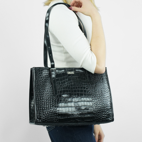 Skórzana torba shopper z fakturą na ramię Solier FL55 LUNE czarna