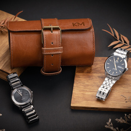 Personalised leather watch case Solier SA45 camel