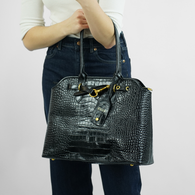 Genuine leather woman's laptop bag FL25 black with snake pattern