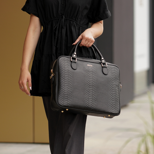 Genuine leather woman's laptop bag FL24 Venice black with snake pattern