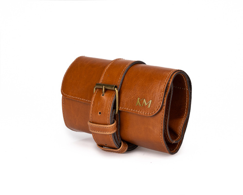 Personalised leather watch case Solier SA45 camel