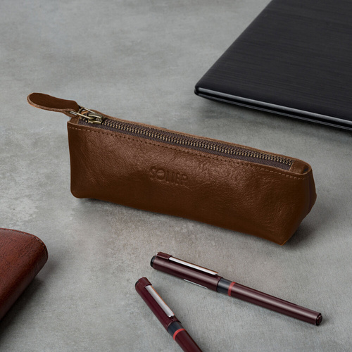 Leather pencil case Solier SA51 dark brown