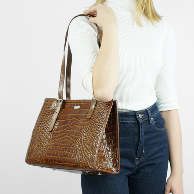 Genuine leather woman's laptop bag FL25 black with snake pattern