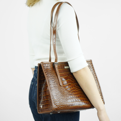 Skórzana torba shopper z fakturą na ramię Solier FL55 LUNE brązowa