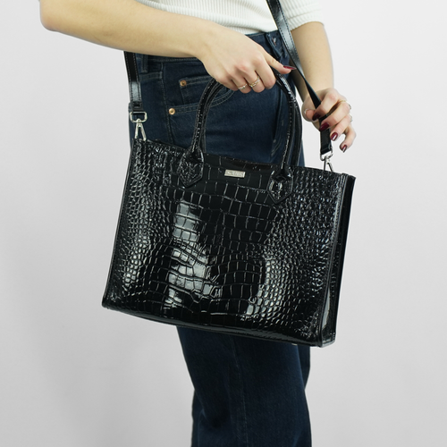 Genuine leather woman's laptop bag FL25 black with snake pattern