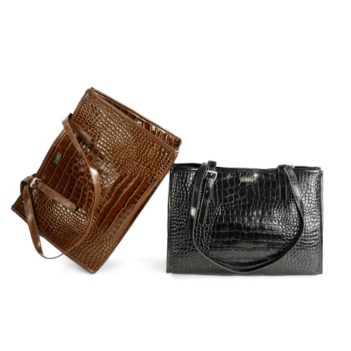 Genuine leather woman's laptop bag FL25 black with snake pattern