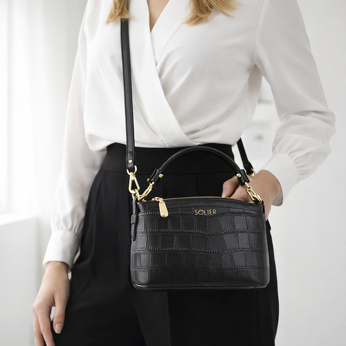 Genuine leather woman's laptop bag FL25 black with snake pattern