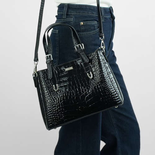 Genuine leather woman's laptop bag FL25 black with snake pattern